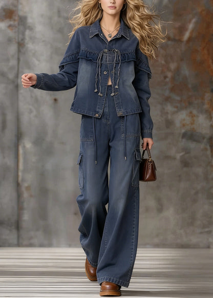 Unique Blue Ruffled Pockets Patchwork Denim Two Pieces Set Spring