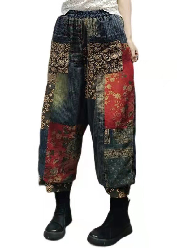 Unique Black Elastic Waist Pocket Patchwork Cotton Pants Spring