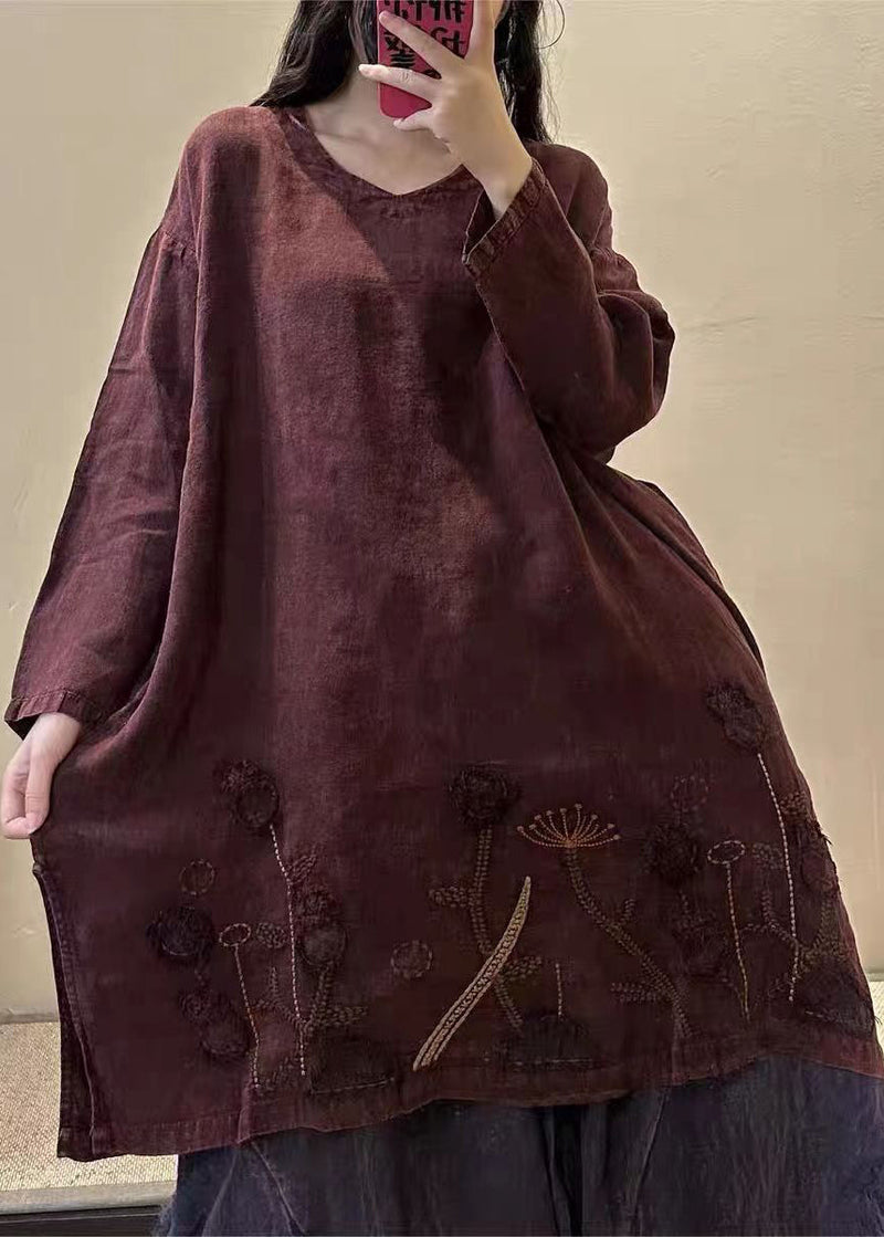 Yellow Stripes V Neck Embroidered Patchwork Linen Mid Dresses Fall