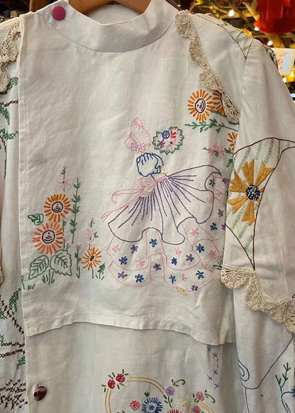 Handmade Blue Polka Dots Embroidered Patchwork Cotton Blouse Tops Fall