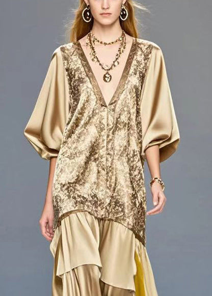 Golden V Neck Patchwork Print Silk Dress Summer