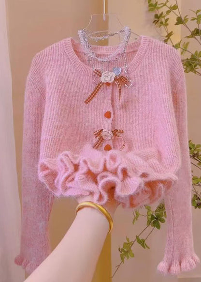 French Beige Ruffled Knit Sweaters Spring