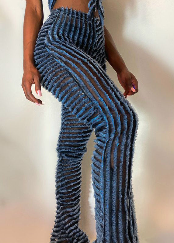 Blue Striped Fluffy High Waist Knit Flared Trousers Spring