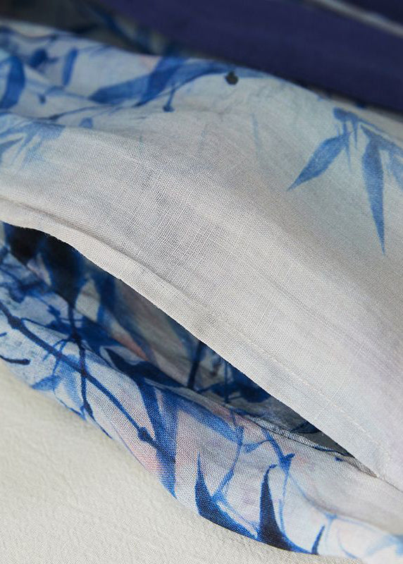 Blue V Neck Tie Waist Print Linen Cinched Dress Summer