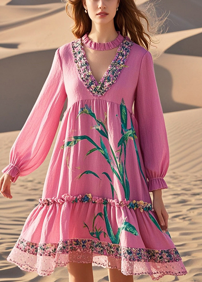 Pink V Neck Patchwork Print Cotton Day Dress Fall