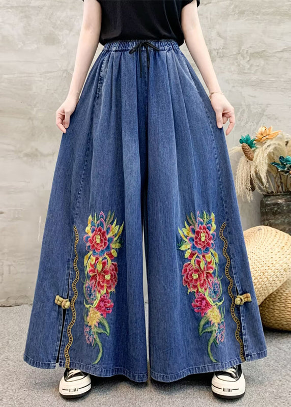 Dark Grey Embroidered Tie Waist Wide Leg Pants