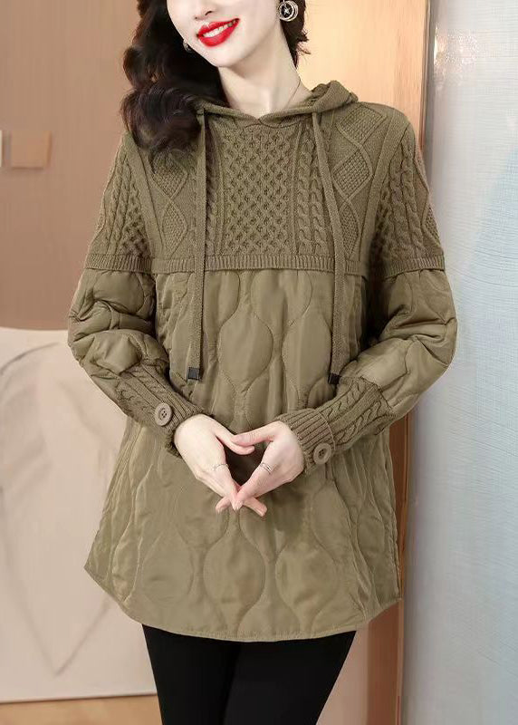 Khaki Hooded Knit Patchwork Thick Tops Long Sleeve