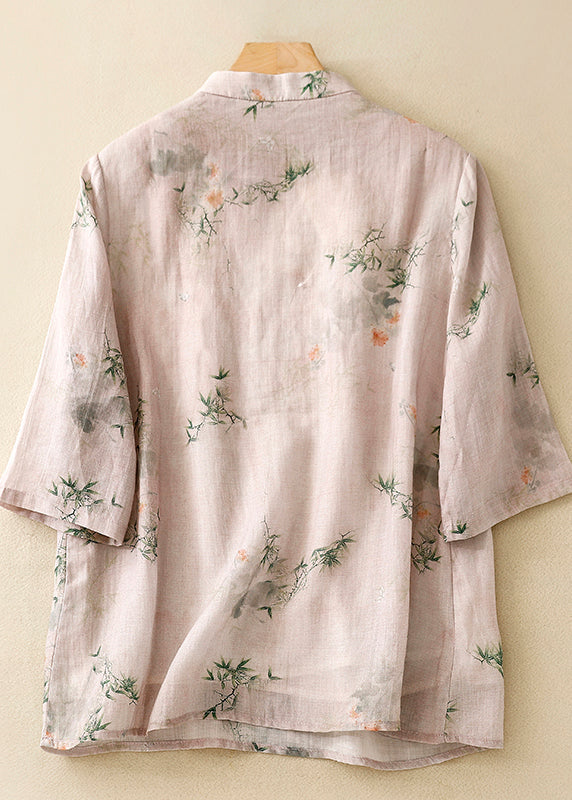 Versatile Pink Stand Collar Print Cotton Shirts Summer
