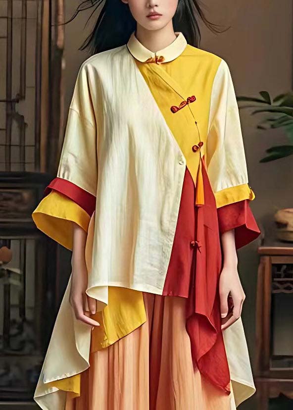 Retro Colorblock Peter Pan Collar Low High Design Long Top Long Sleeve