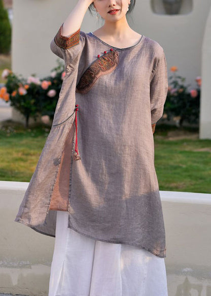 Light Purple Side Open Tasseled Linen Shirt Half Sleeve
