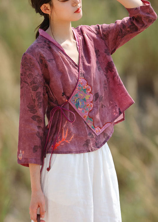 Purple Red Embroideried Tie Waist V Neck Patchwork Linen Tops Spring