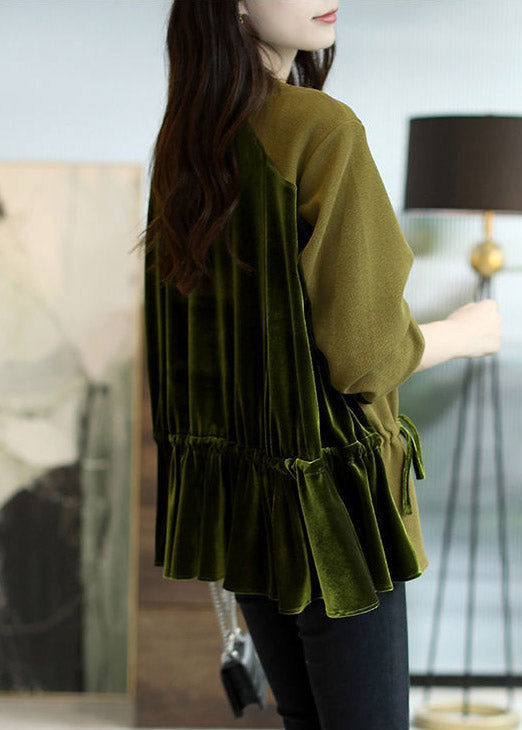 Loose Green O-neck Patchwork Drawstring Sweatshirts Top Long Sleeve