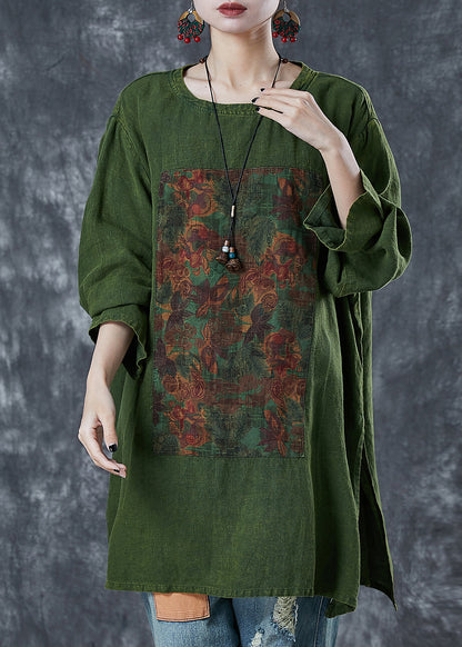 Green Print Linen Sweatshirts Top Oversized Fall