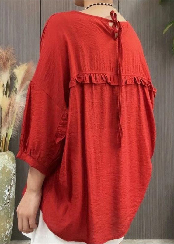 Green Ruffled Lace Up Linen T Shirt Batwing Sleeve