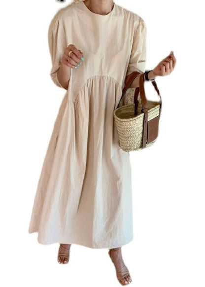 Khaki O Neck Wrinkled Patchwork Cotton Dresses Summer
