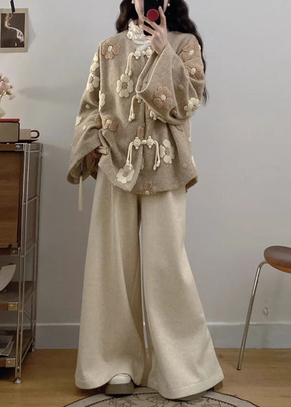 Apricot Chinese Button Coat and Wide Leg Pants Woolen Two Pieces Set Fall