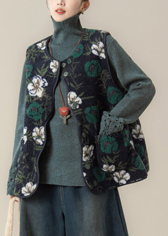 Style Green Print Faux Fur Waistcoat and Top Two Pieces Set Winter