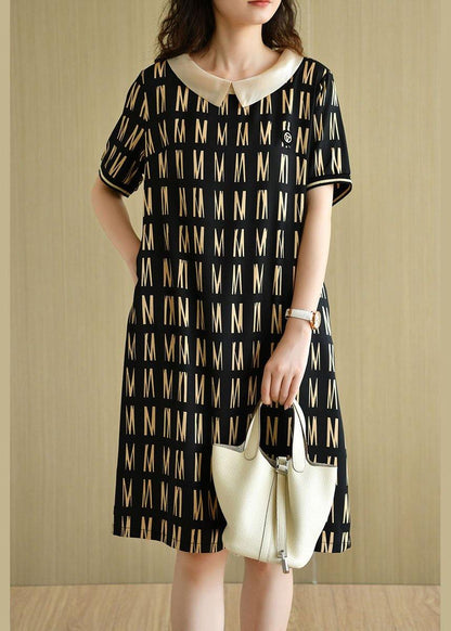 Classy Black Peter Pan Collar Graphic Patchwork Summer Maxi Dress Short Sleeve