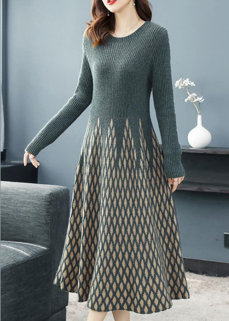 Modern Blackish Green O-neck Plaid Knitwear Dress Long Sleeve