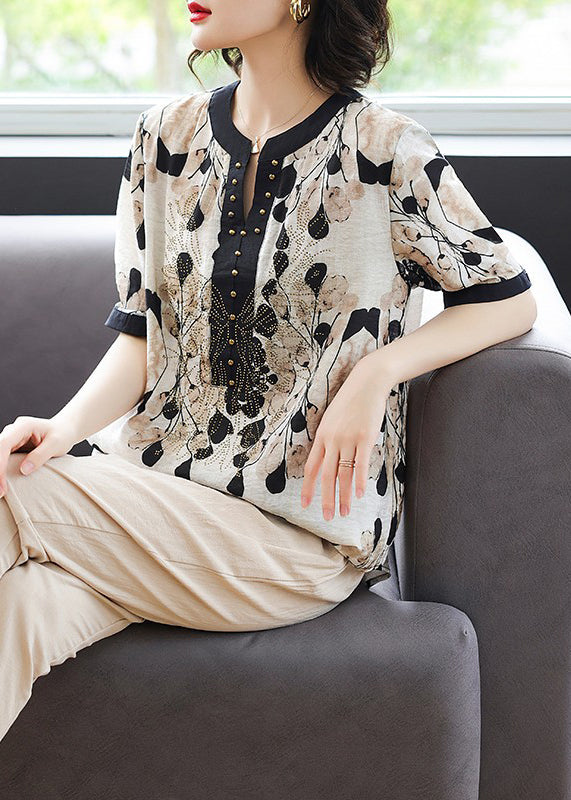Black V Neck Print Rivet Chiffon Tops Summer