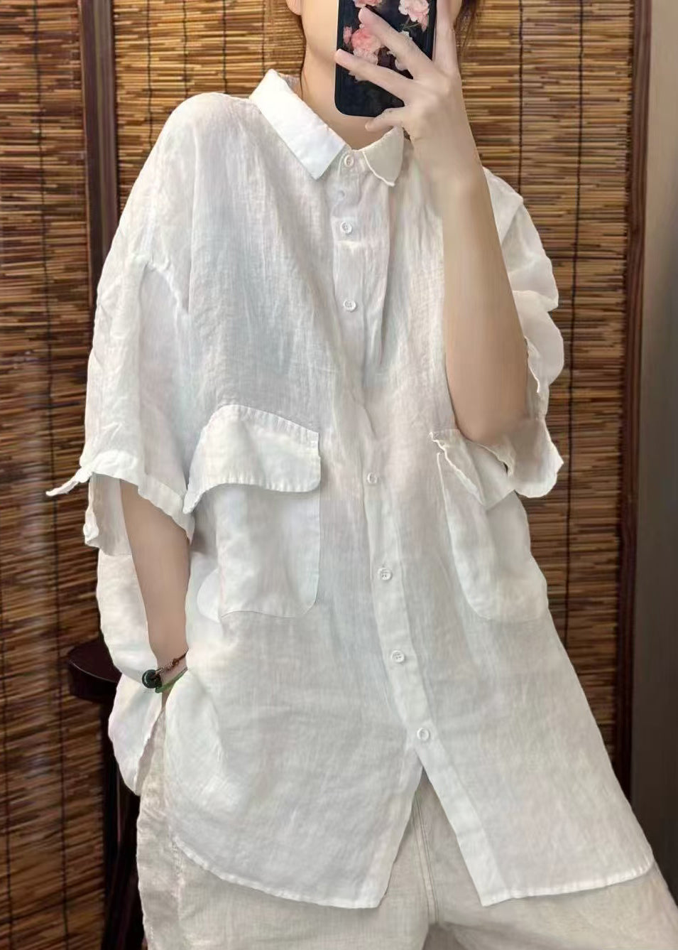 Red Oversized Pockets Linen Blouses Summer
