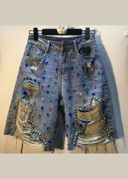 Unique Blue Nail Bead Patchwork High Waist Ripped Shorts Jeans Summer