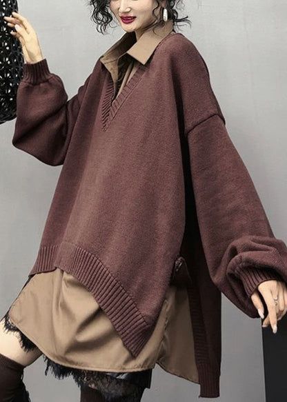 Brown Asymmetrical Patchwork Side Open Knit Dresses Spring