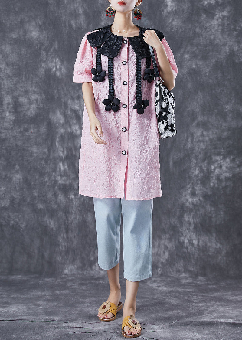 Modern Pink Jacquard Cotton Shirt Dress Summer