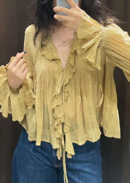 Diy Yellow V Neck Tie Lace Shirt Fall