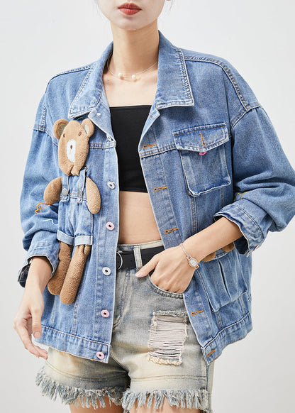Light Blue Bear Oversized Denim Coats Spring