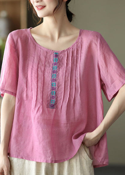 Rose Linen Tank Tops O-neck Wrinkled Short Sleeve