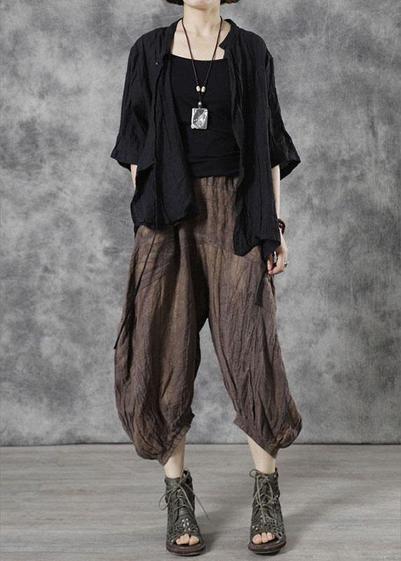 Style Black Button Stand Collar Asymmetrical Design Fall Half Sleeve Blouse Top