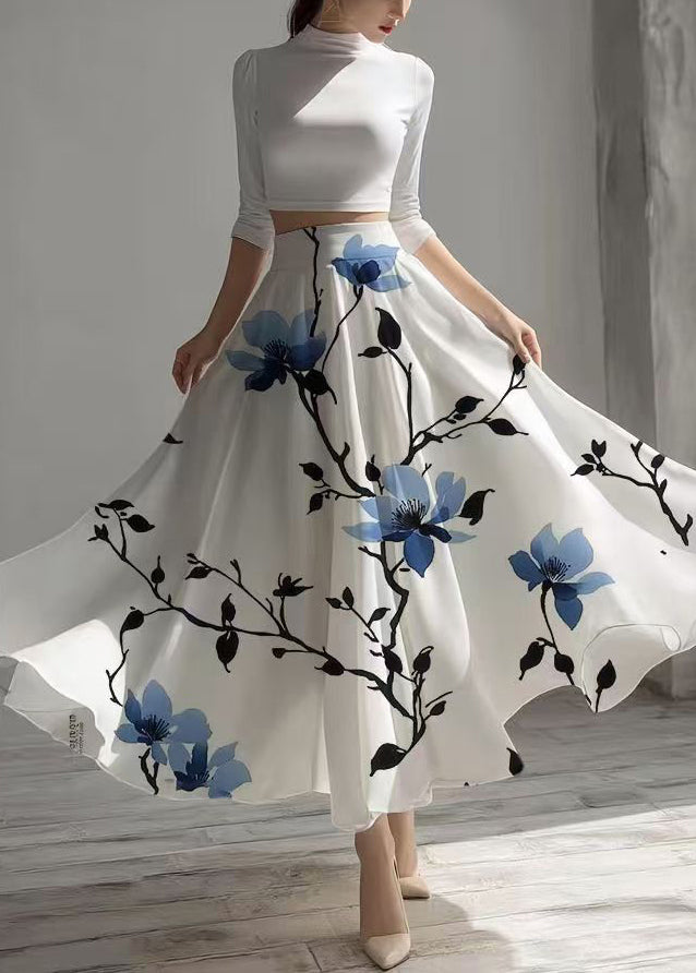 White High Waist Print Chiffon Tea Skirts Summer