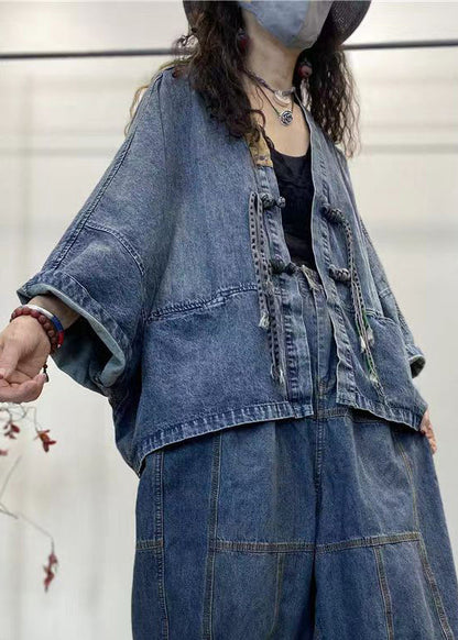 Loose Blue V Neck Button Patchwork Denim Coats Long Sleeve Spring