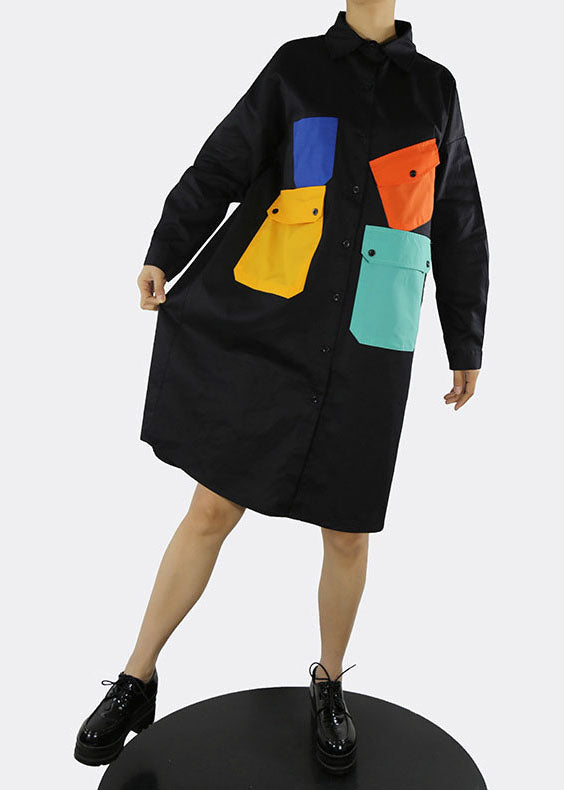 Black Patchwork Vacation Shirt Dresses Pockets Spring