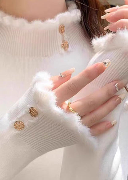Organic White Turtleneck Ruffled Patchwork Cotton Knit Sweater Spring
