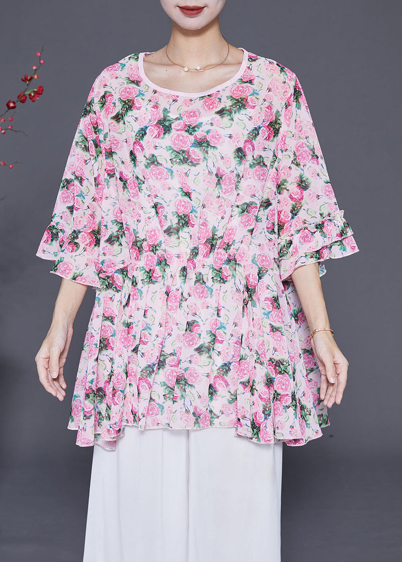 Pink Oversized Print Chiffon Tops Flare Sleeve