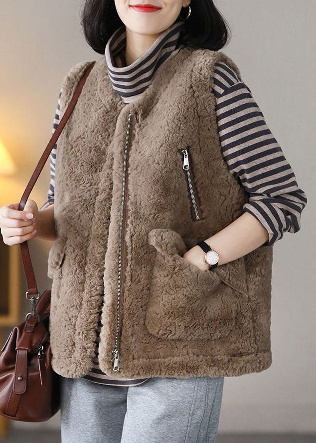 Khaki Zip Up Pockets Fuzzy Fur Fluffy Vest Spring