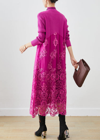 Rose Patchwork Knit Robe Dresses Embroideried Fall