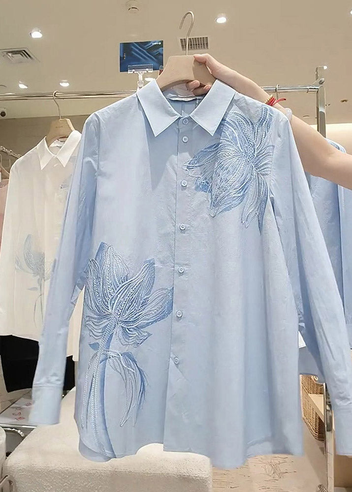 Style Light Blue Embroidered Button Shirt Spring