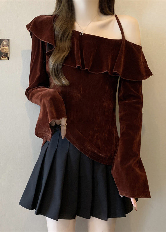 Mulberry One Shoulder Ruffles Silk Velour Top Fall