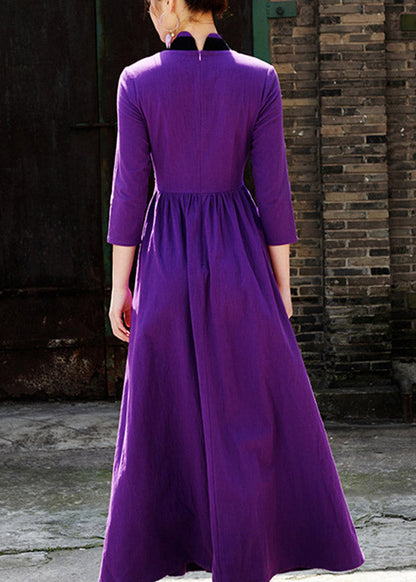 Purple V Neck Embroideried Zippered Wrinkled Maxi Dresses Fall
