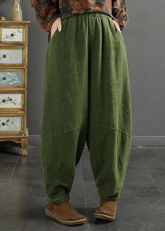 Natural Purple Pockets Patchwork Lastic Waist Linen Lantern Pants Fall