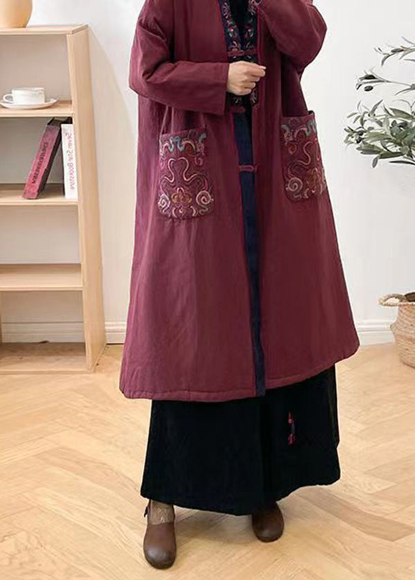 Mulberry V Neck Embroideried Pockets Fine Cotton Filled Coat Winter