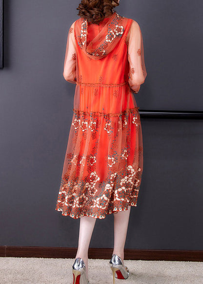 Vogue Orange Embroideried Tulle Hooded Long Dresses Spring