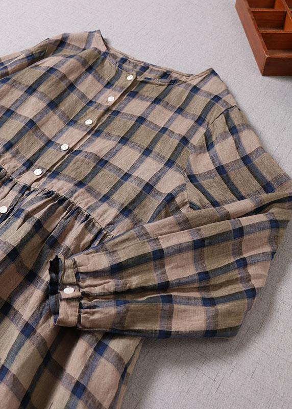 Unique Khaki Plaid Patchwork Pockets Button Fall Long Sleeve Dresses