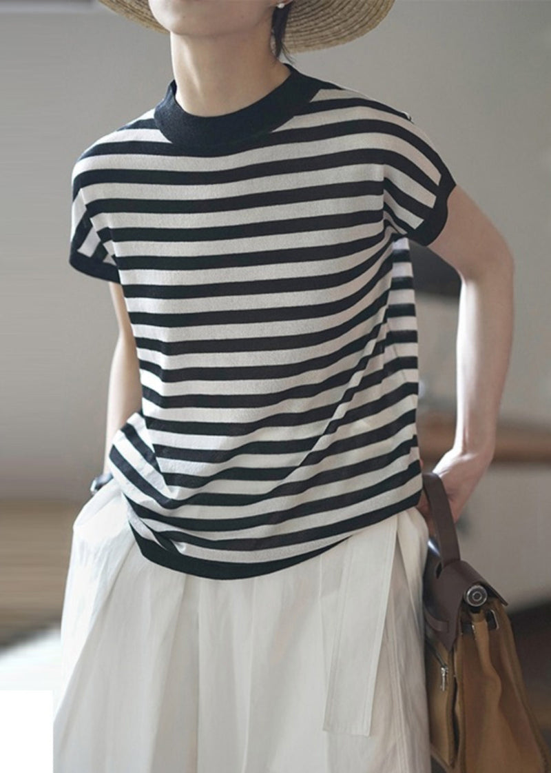 Red Stand Collar Striped Cotton Tanks Summer