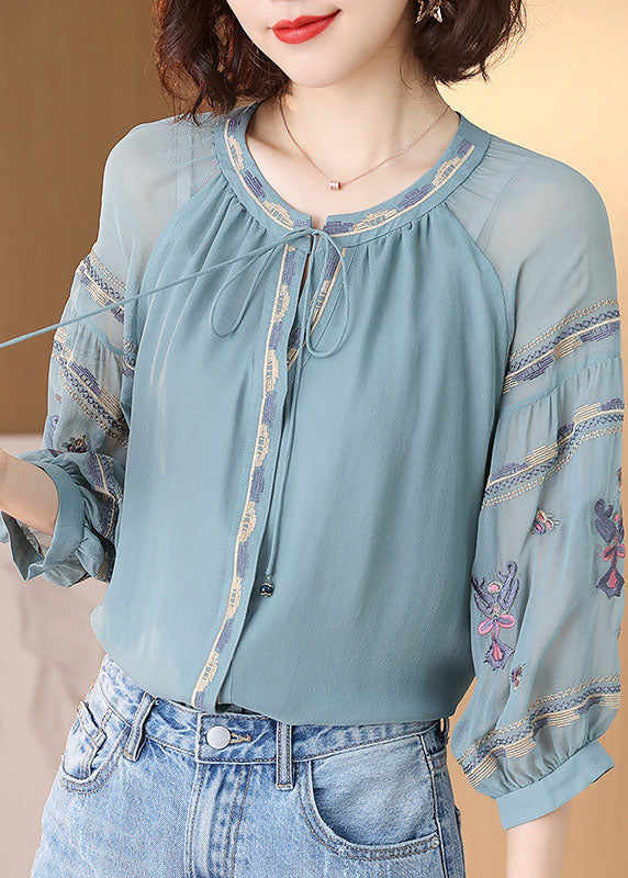 Light Blue O-neck Drawstring Embroideried Silk Tops Spring