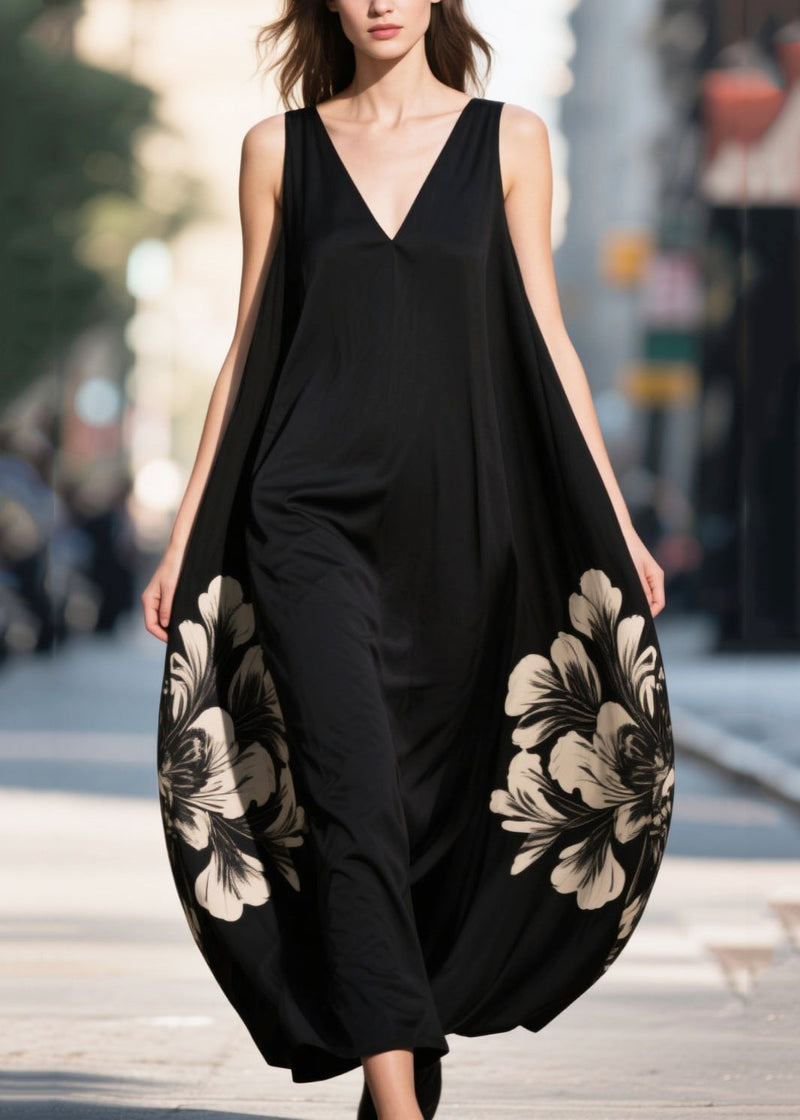 Modern Black Oversized Print Chiffon Cami Dress Summer
