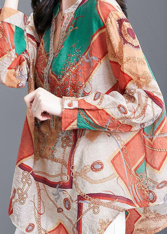 Colorblock V Neck Zircon Print Cotton Shirt Tops Spring